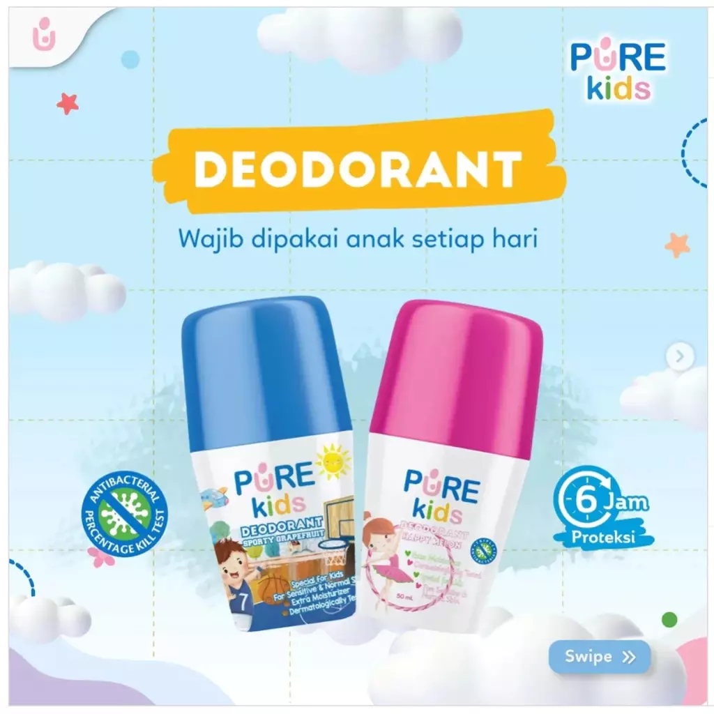 PURE KIDS DEODORANT Anak Anti Bakteri Bacteria Mengurangi Bau Badan Aman Bagi Kulit Sensitif-Happy Melon