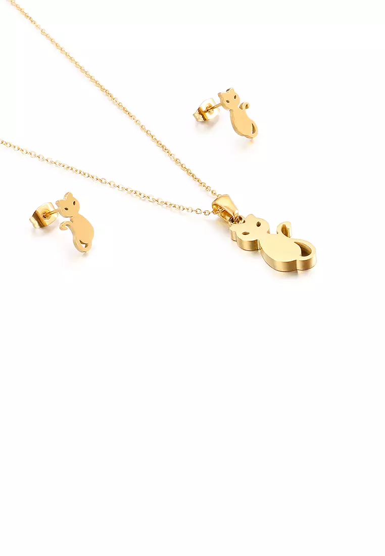 Simple and Cute Plated Gold Cat 316L Stainless Steel Necklace and Stud Earrings Set