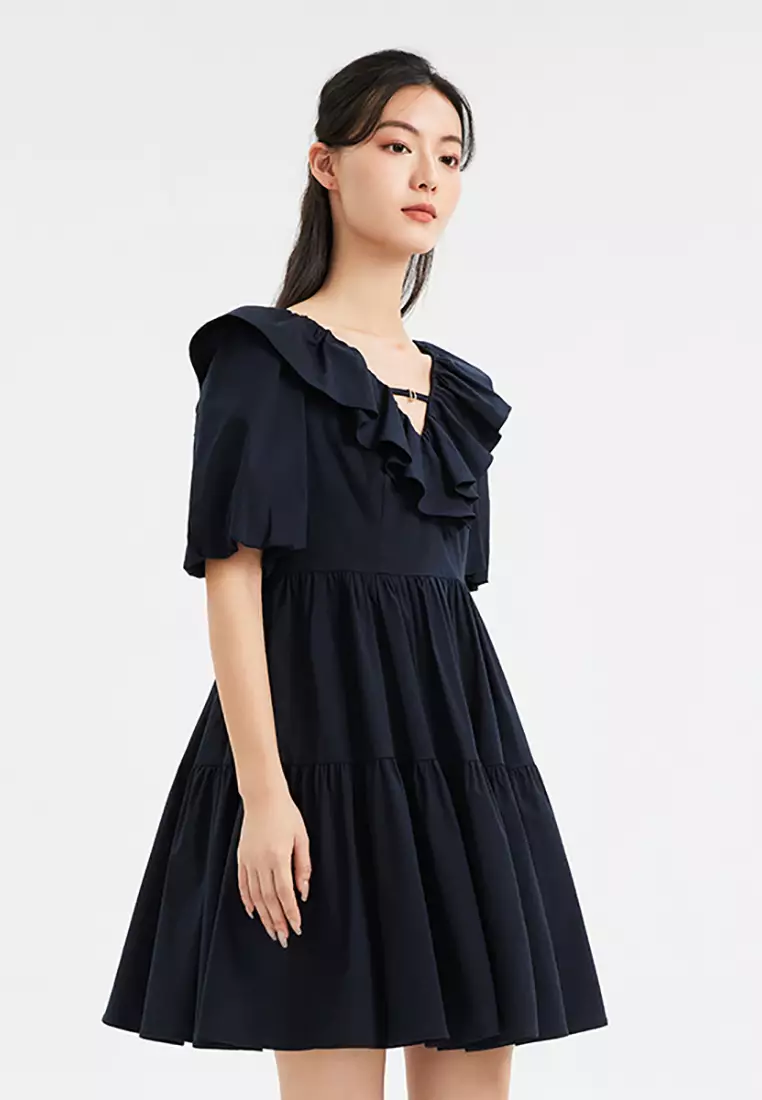 Puff Sleeve V-Neck Ruffled Collar Midi Dress