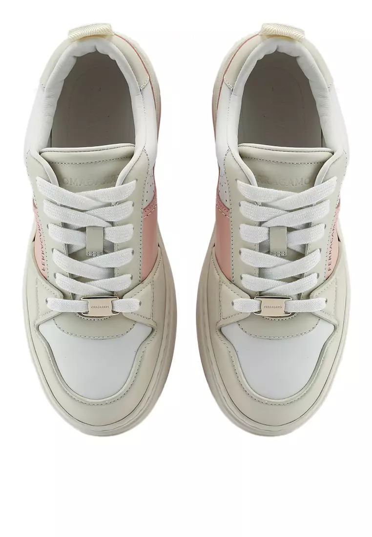 ★FERRAGAMO★DENNIS スニーカー カーフレザー ホワイト/ピンク NEW ≪FERRAGAMO≫ デニス スニーカー ホワイト＆ピンク レザー