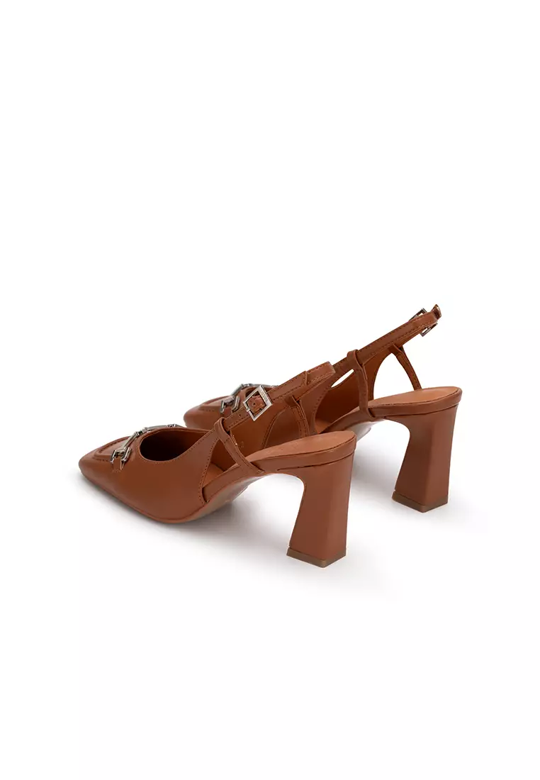 METAL BUCKLE SQUARE TOE SLINGBACK BLOCK HEEL