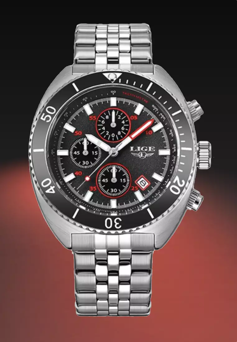 Unisex Chronograph Diver's Stainless Steel Quartz Watch with turning Bezel on Steel Bracelet
