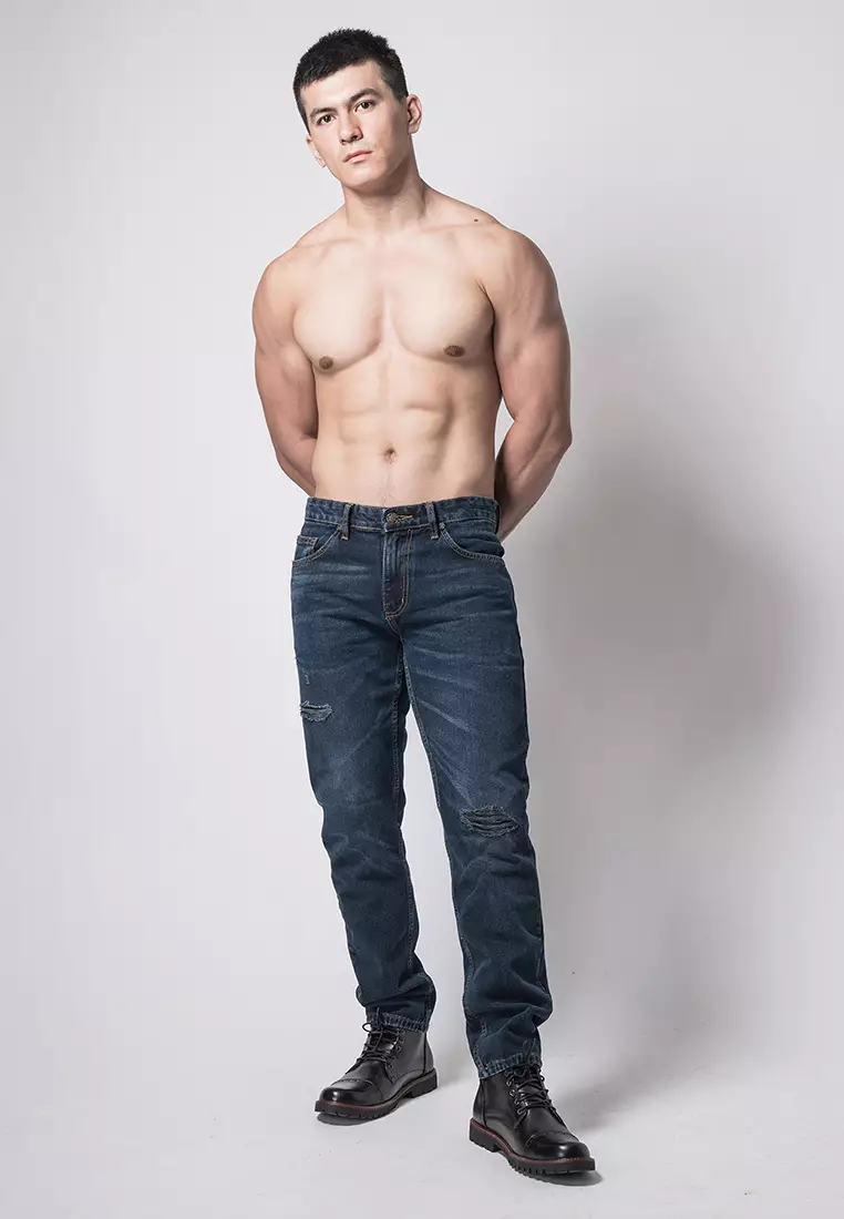 Tapered Fit Jeans Premium Dark Blue Wash Ripped