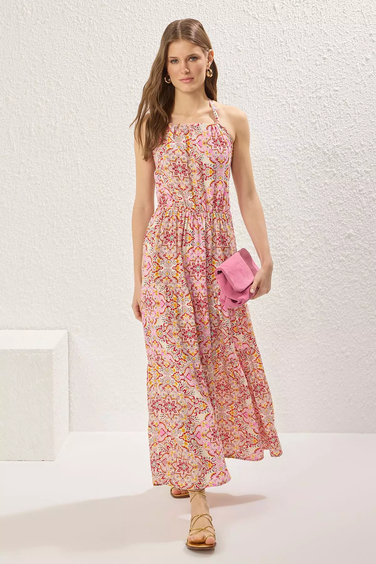 Pink Shawl Pattern Maxi Woven Dress TWOSS25EL00700