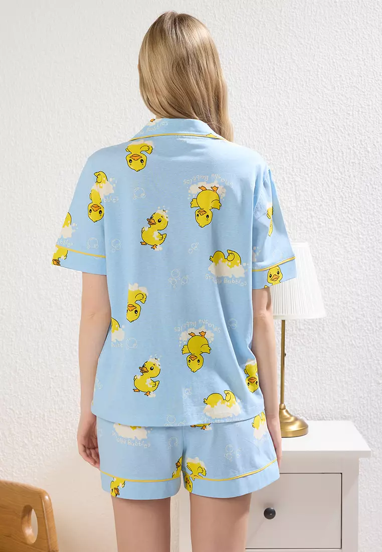 Blue 100% Cotton Duck Patterned Piping Shorts Knitted Pajama Set THMSS25PT00300