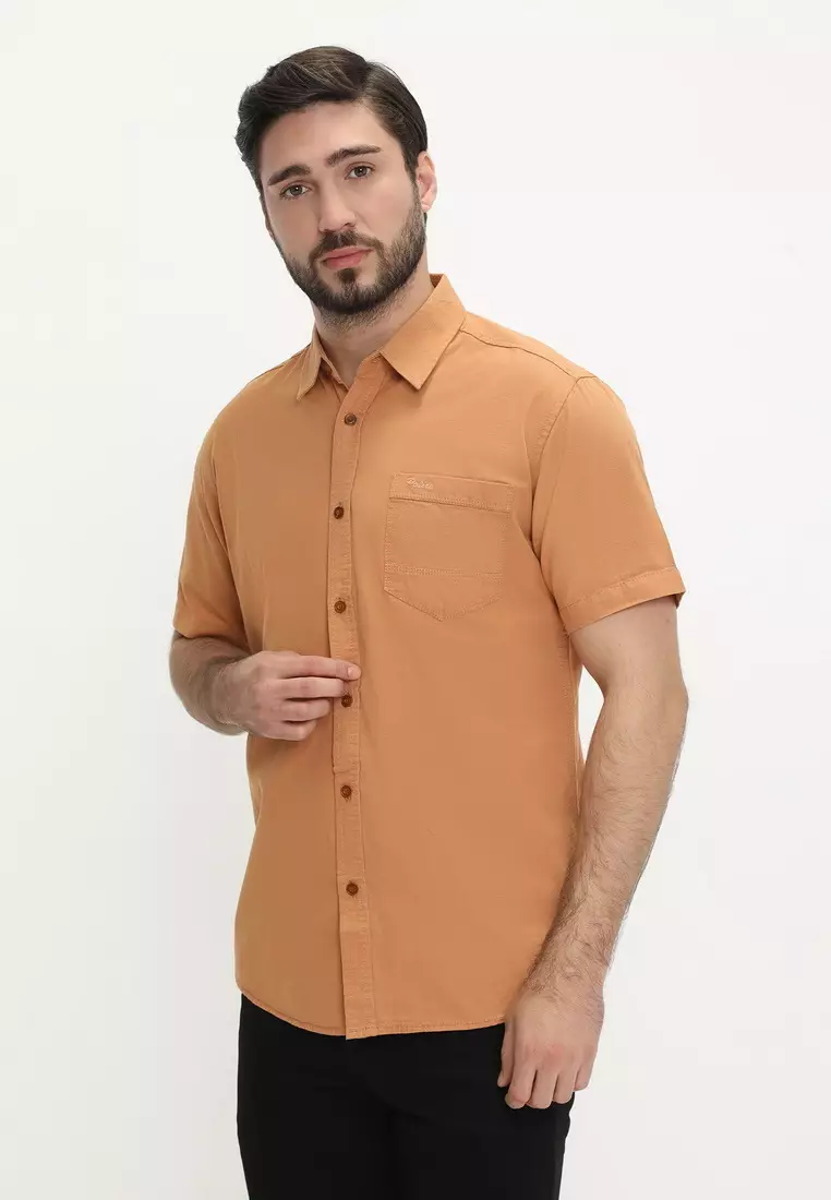 POLICE Kemeja Polos Cotton Orange Muda Regular Fit Pria