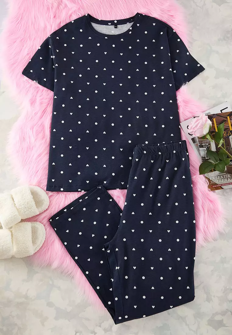 Navy Blue Heart Patterned Knitted Pajama Set TBBSS25AI00023