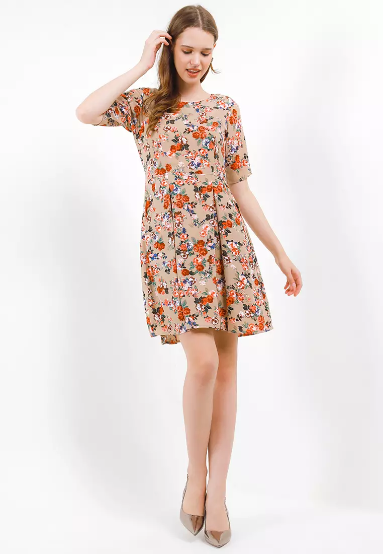 Shira Floral Print Dress In Brown