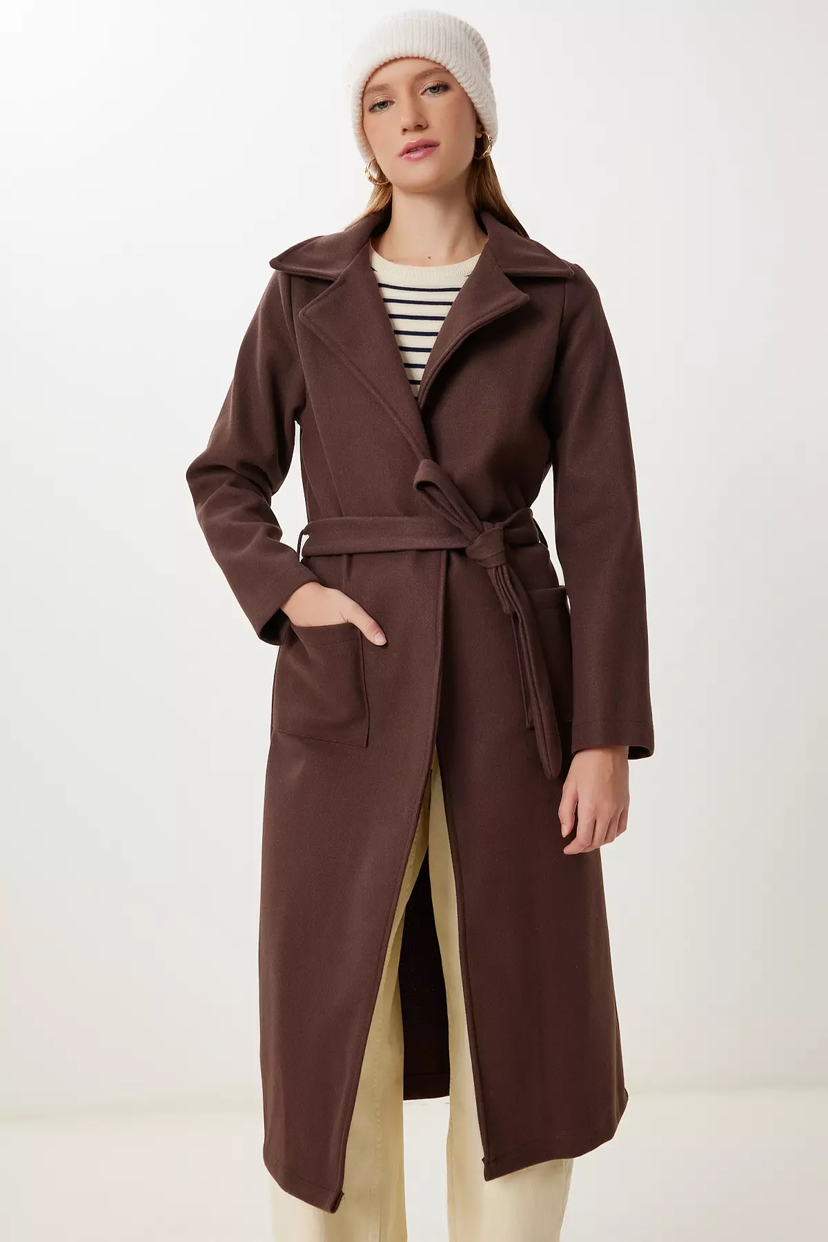 Women's Brown Double Breasted Collar Belted Cashmere Coat Mx00253