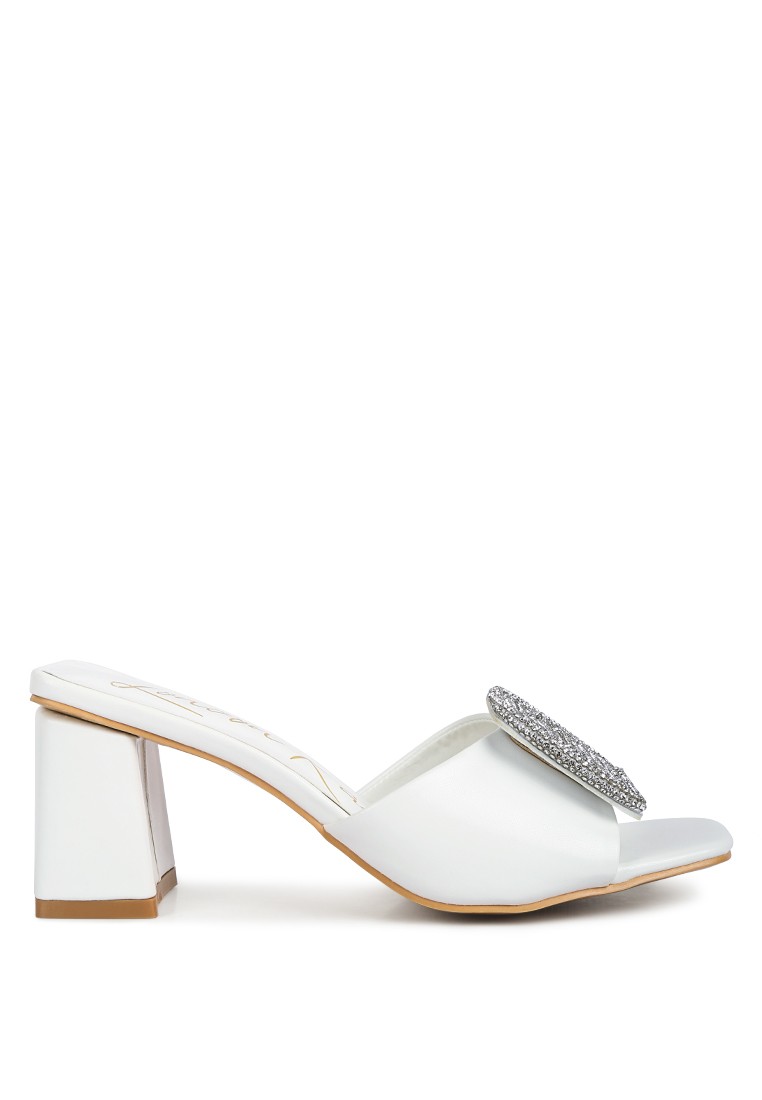 White Rhinestone Embellished Slip on Sandals