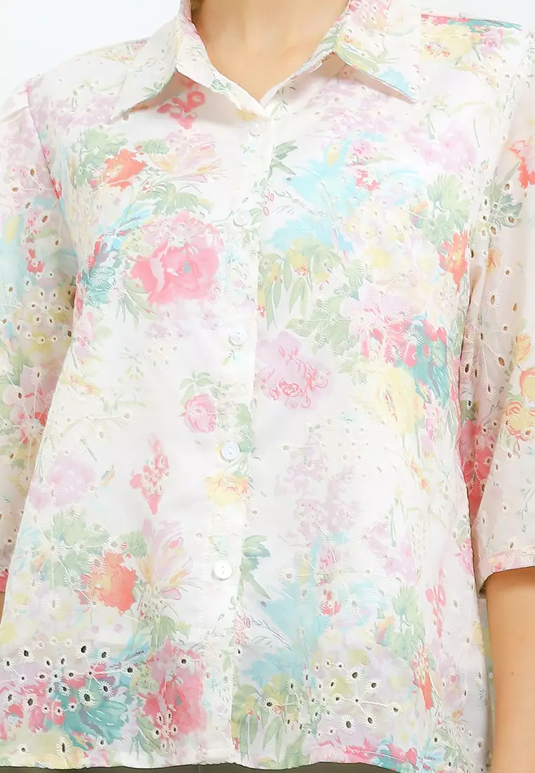 Flo Print Eyelet Hi Lo Shirt