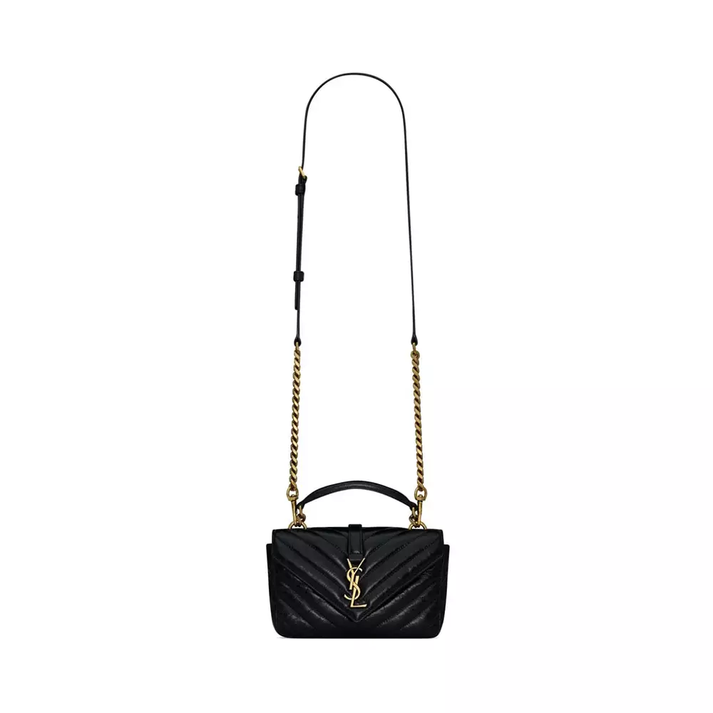 College Mini Chain Bag Shiny Crackled Leather Black Ghw