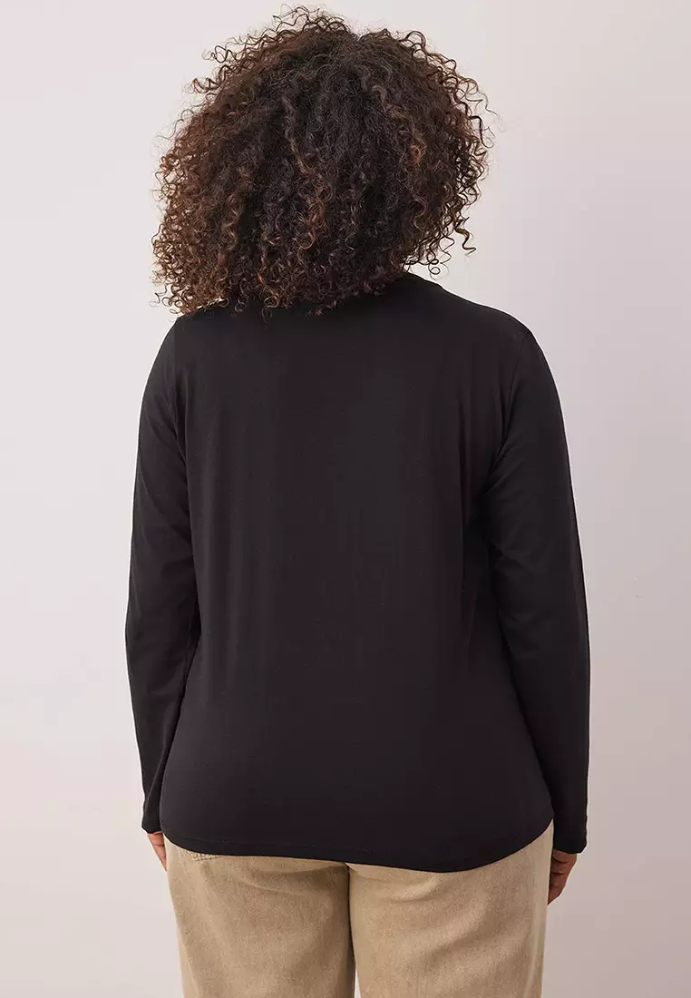 Black 100% Cotton Long Sleeve Crew Neck Regular Basic Knitted Plus Size T-Shirt Tbbaw26Bf00000