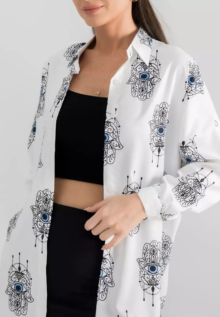 Light Blue Patterned Oversize Long Basic Shirt