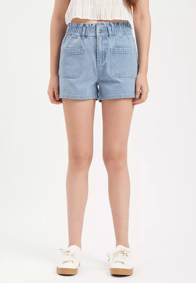 Paperbag waist jean shorts hot sale