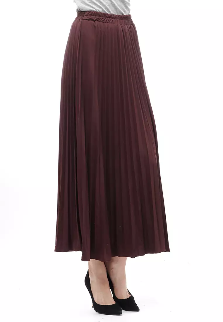 Skirt Plisket Bawahan Wanita Motif Polos Relaxed Fit - Coklat Tua
