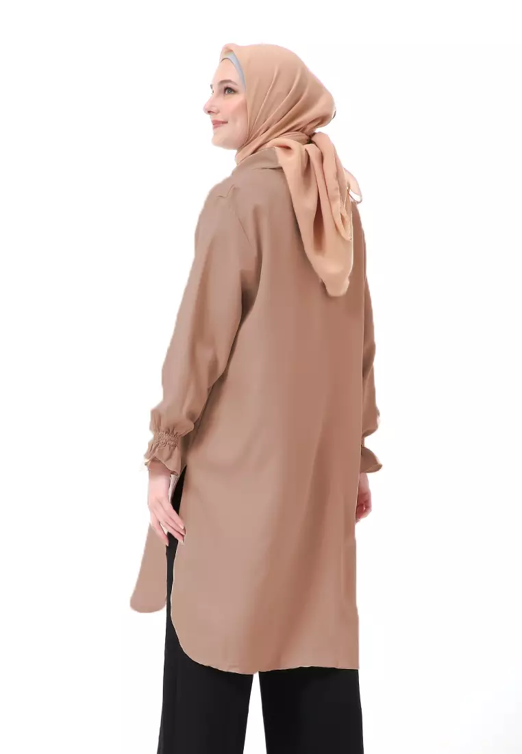 Icella Long Tunik Muslimah Atasan Wanita Motif Polos Lengan Panjang Premium Quality - Mocca