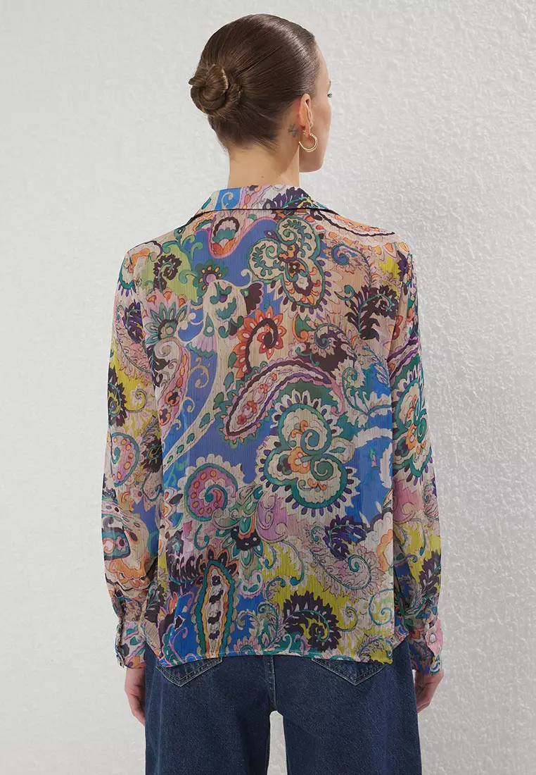 Multicolored Long Sleeve Oversize Patterned Chiffon Shirt Twoss25Go00153