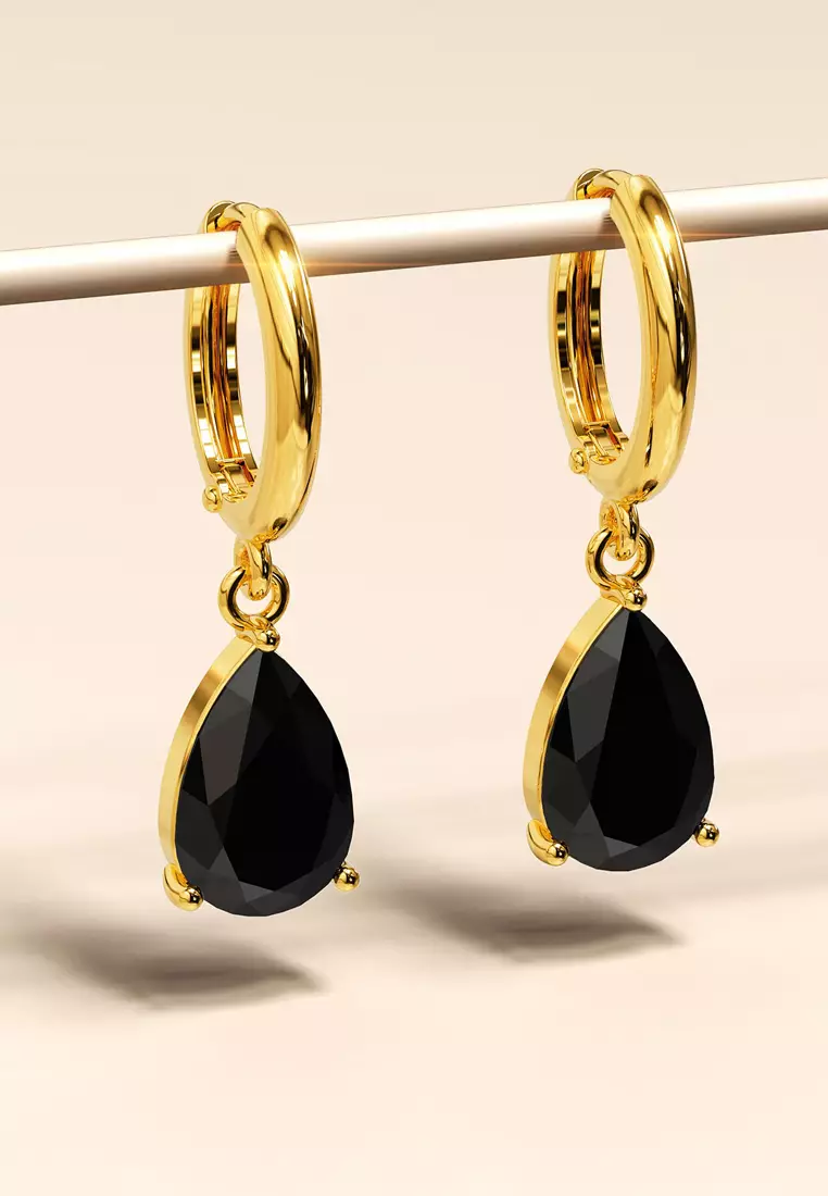 Black Pear Drop Earrings-Gold/Black