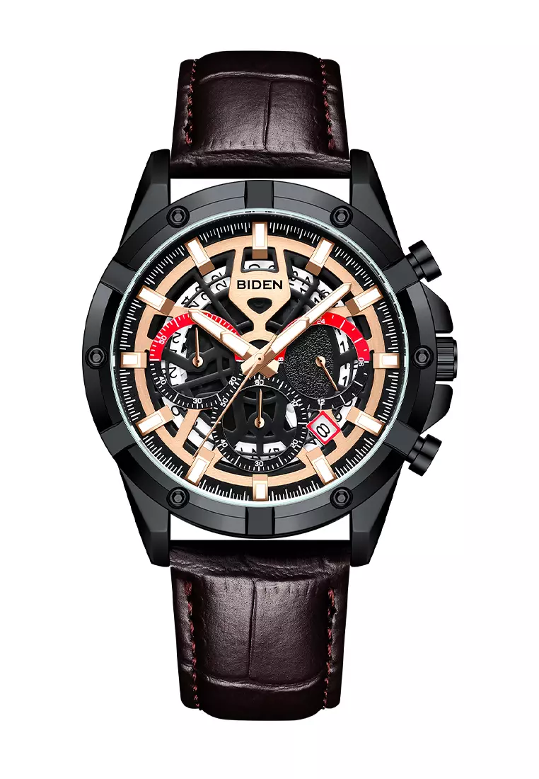 Jam Tangan Pria Original Kalender Sports Anti Air Tali Kulit Jam Tangan Cowok Brown black