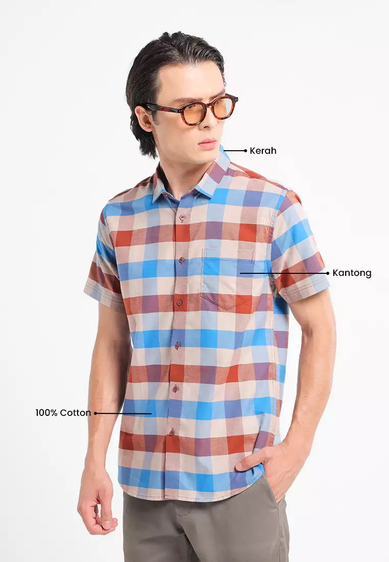 MANZONE - Kemeja Oxford Lengan Pendek Pria Raka 4 Slim Fit - Brown