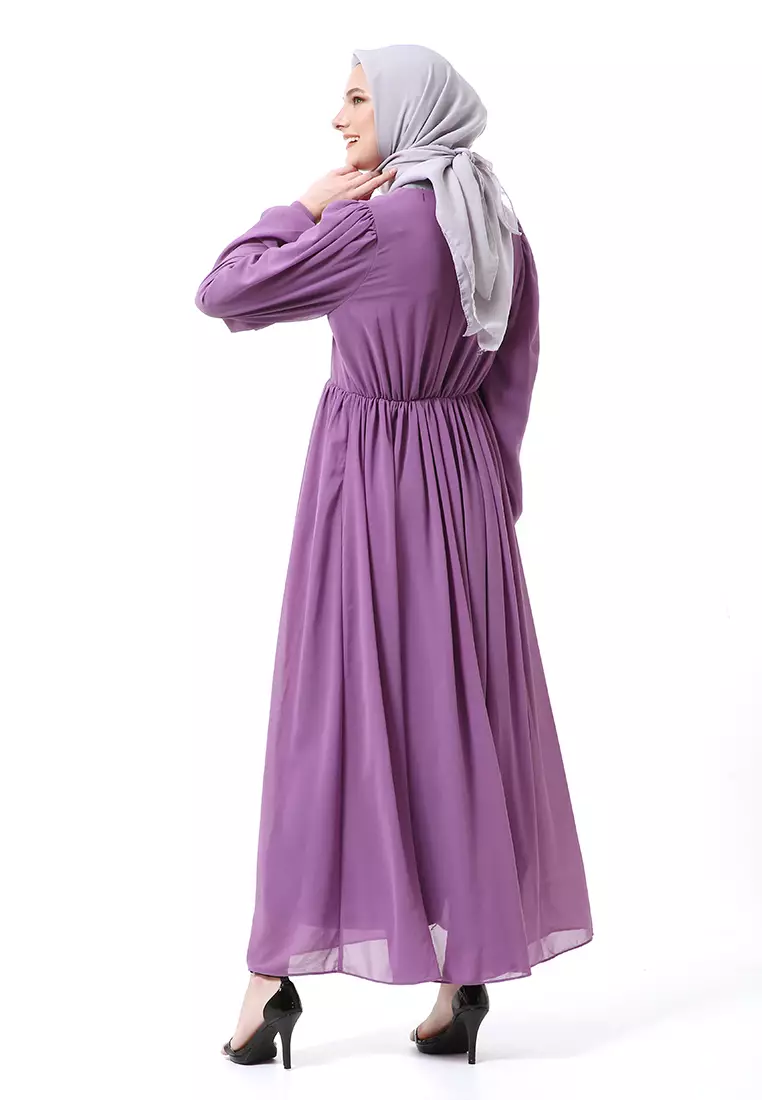 Khansa Long Dress Muslimah Atasan Wanita Long Sleeve Motif Polos High Quality - Ungu Sedang