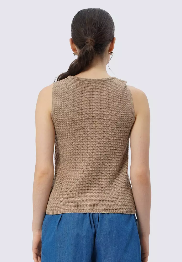 Round Neck Sleeveless Knit Top KHAKI