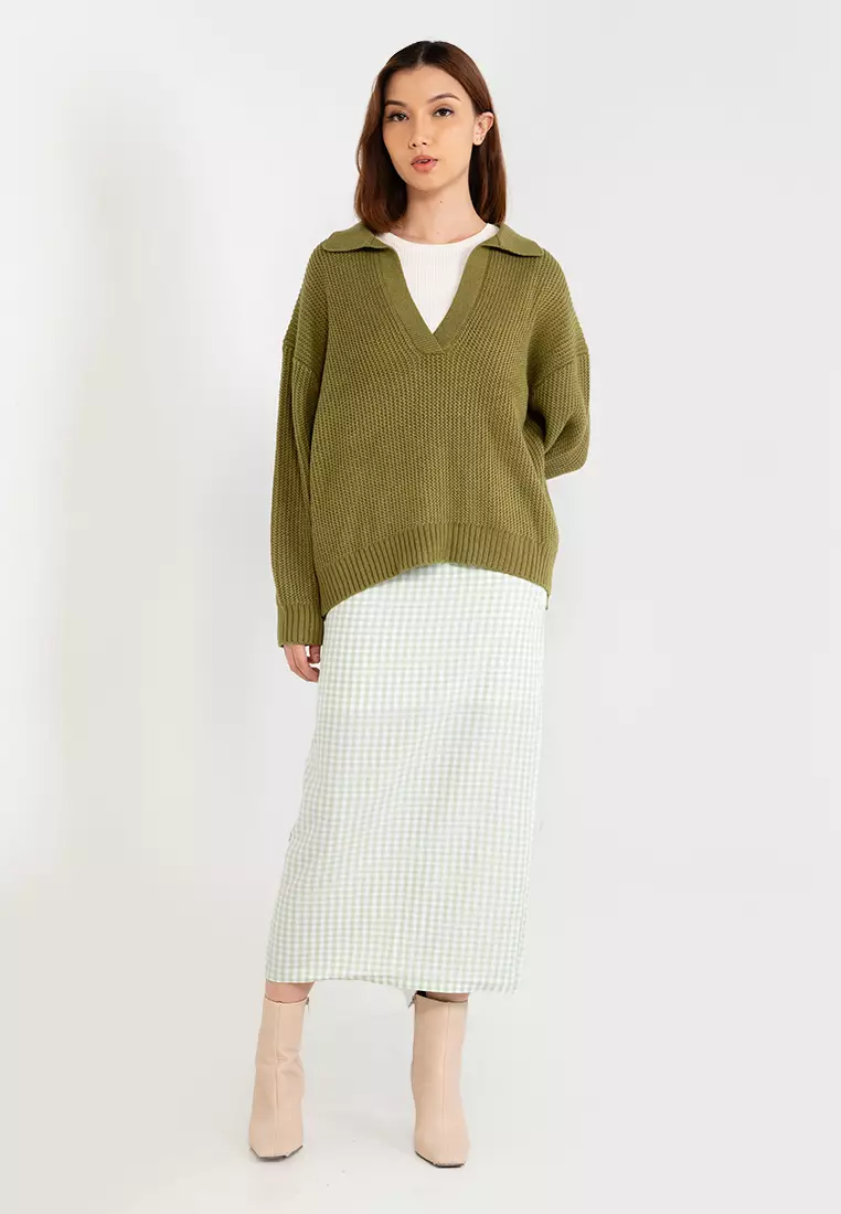 高腰格子開衩窄裙