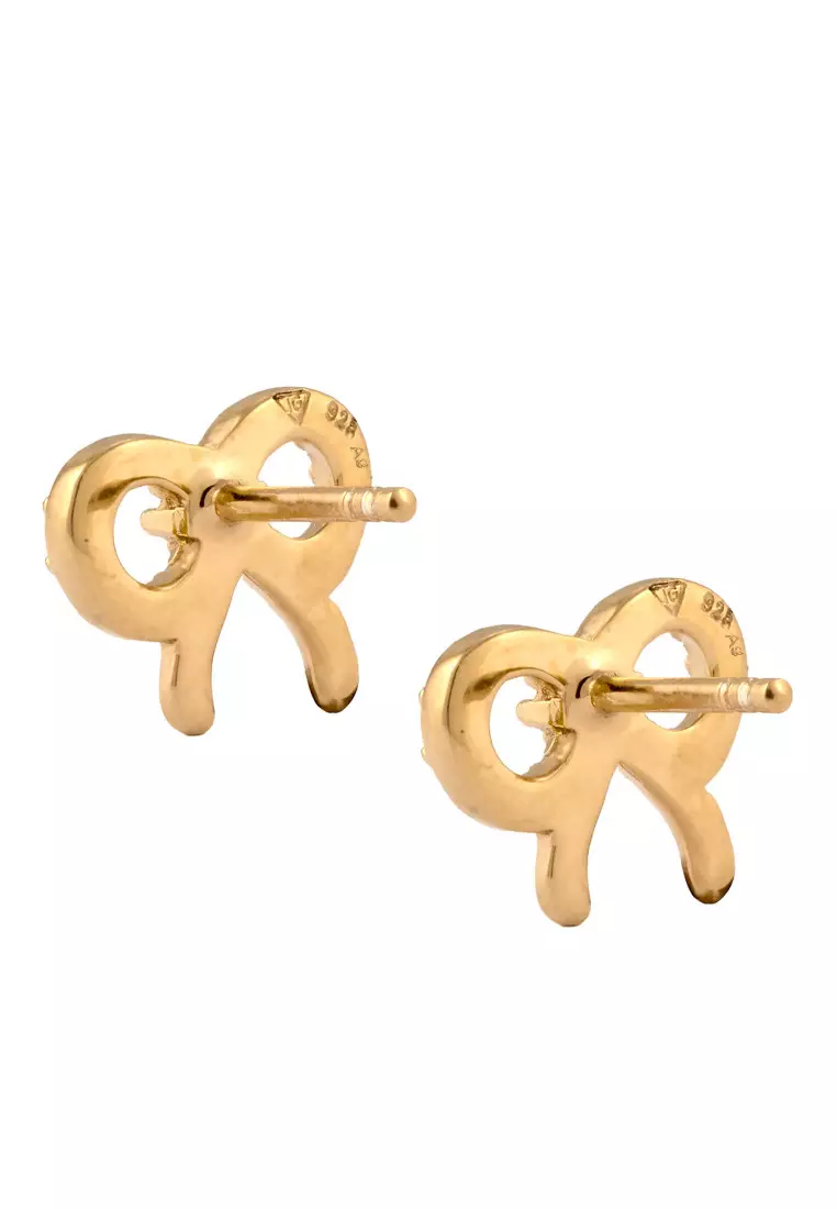 Anting Perhiasan Perak 925 Wanita Stud Ribbon Crystals Gold Plated