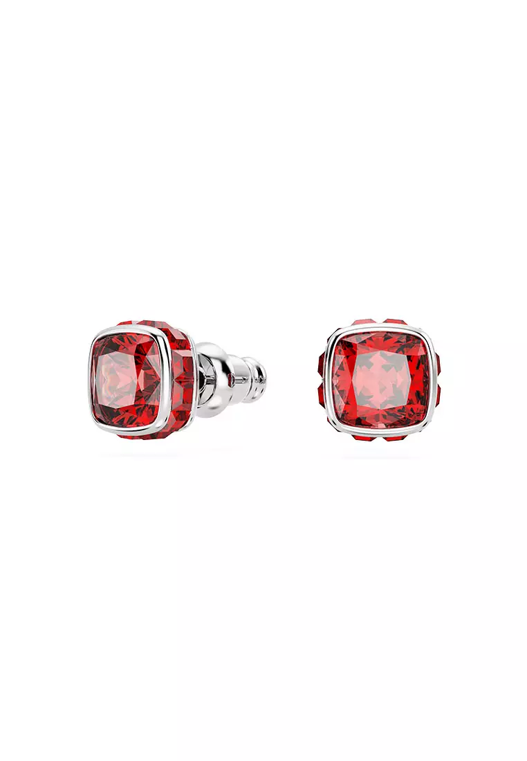 Birthstone Stud Earrings, Square Cut, July, Red, Rhodium Plated