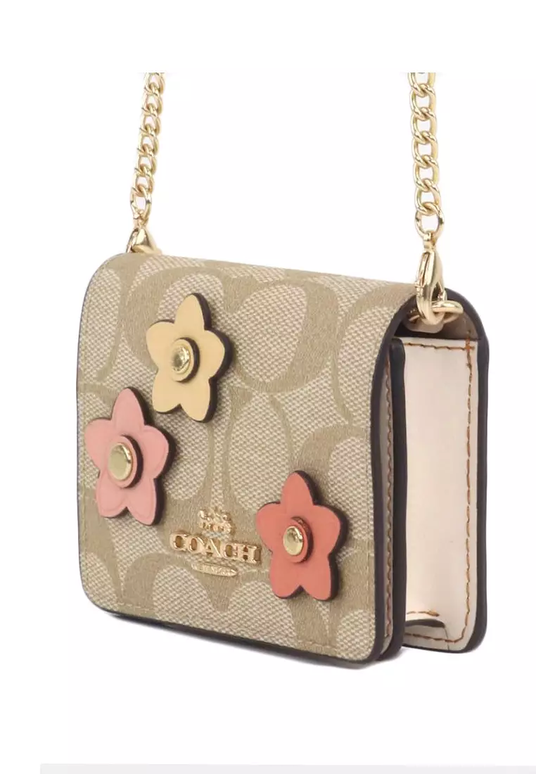 Coach Mini Wallet On A Chain In Signature Canvas With Floral Applique - Light Brown
