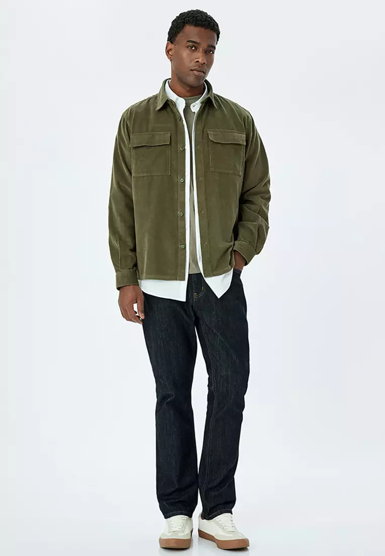 Buttoned Corduroy Jacket With Flap Pocket Detail