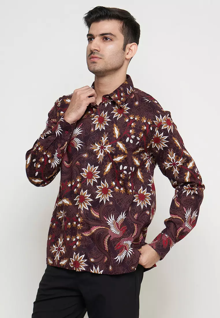 Regfit Barata Maroon Kemeja Batik Pria Lengan Panjang