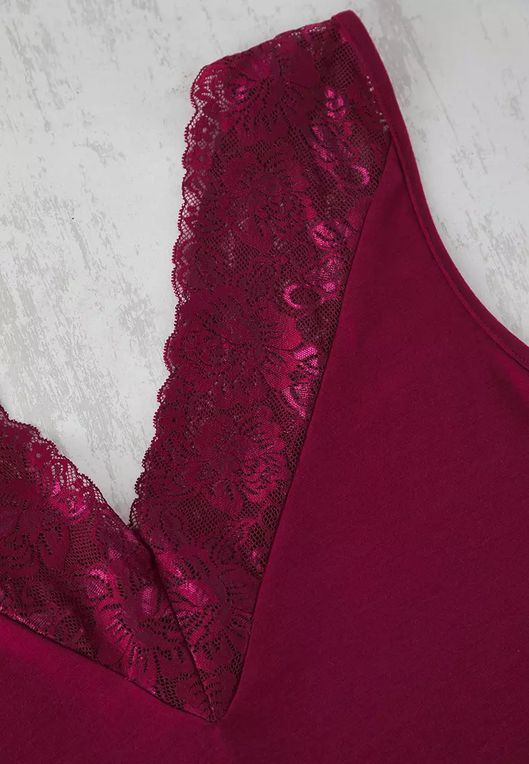 Burgundy V Neck Lace Knitted Pajama Set TBBSS25AI00111