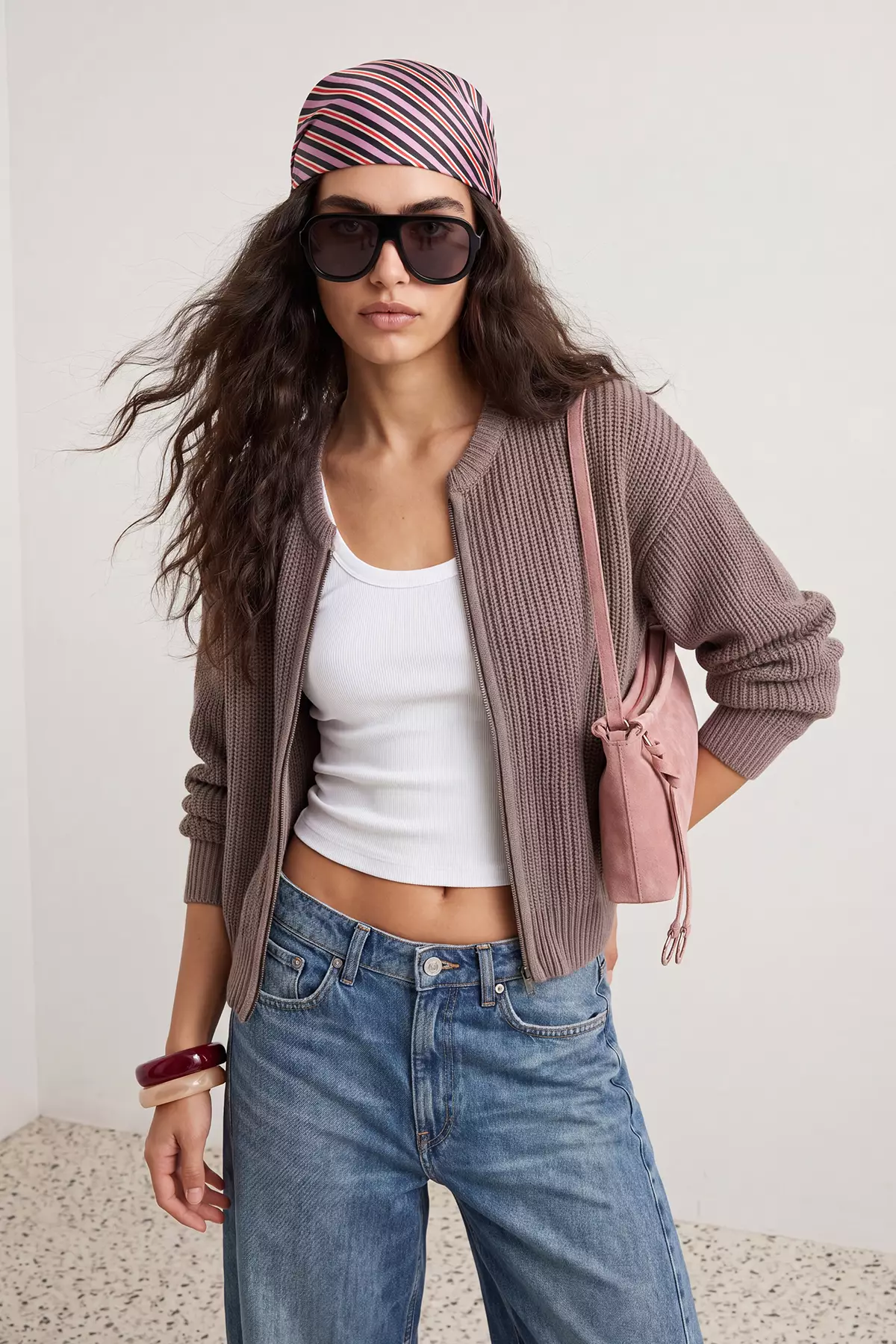 Mink Wide Fit Bomber Collar Zippered Knitwear Cardigan Twoaw24Hi00153