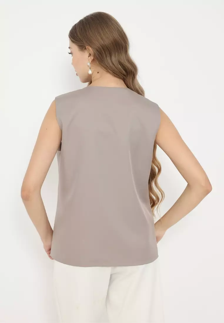 Vest Asymetrical With Floral Embroidery In Mocca By Brilliant Girl Warna MOCCA