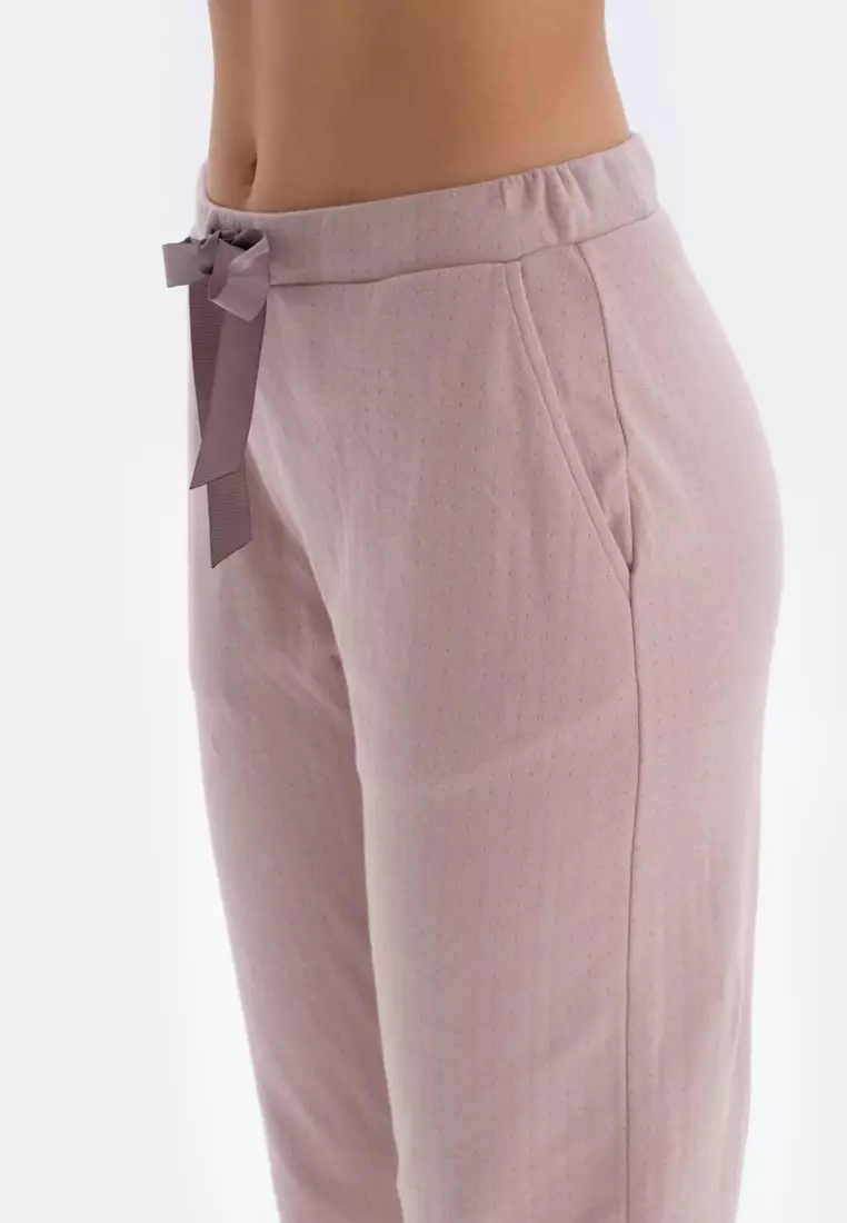 Light Pink T-Shirt & Trousers Knitwear Set, Slogan Printed, Crew Neck, Oversize, Long Leg, Short Sleeve Sleepwear for Women