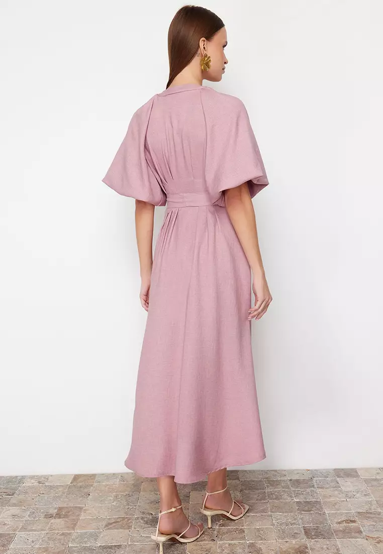 Pink Belted Half Balloon Sleeve Linen Look Woven Shirt Dress Tctss24Eb00014