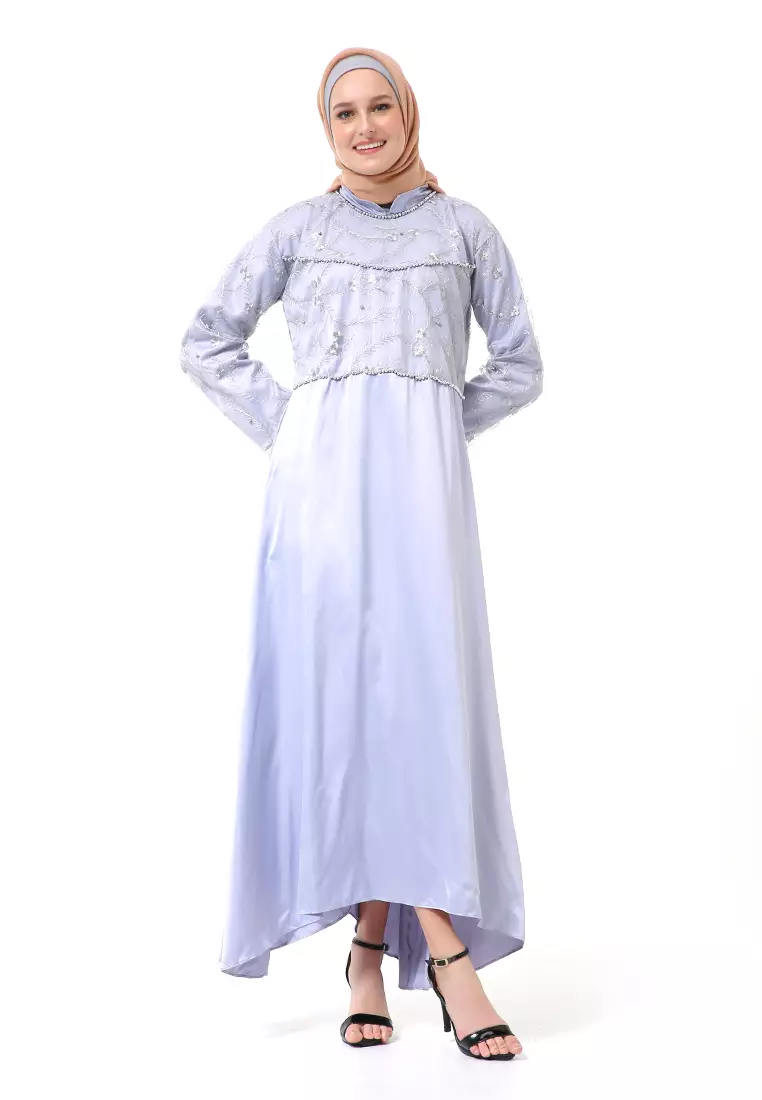 Erica Gamis Dress Muslimah Lengan Panjang Aksen Mutiara Fashion Wanita - Grey