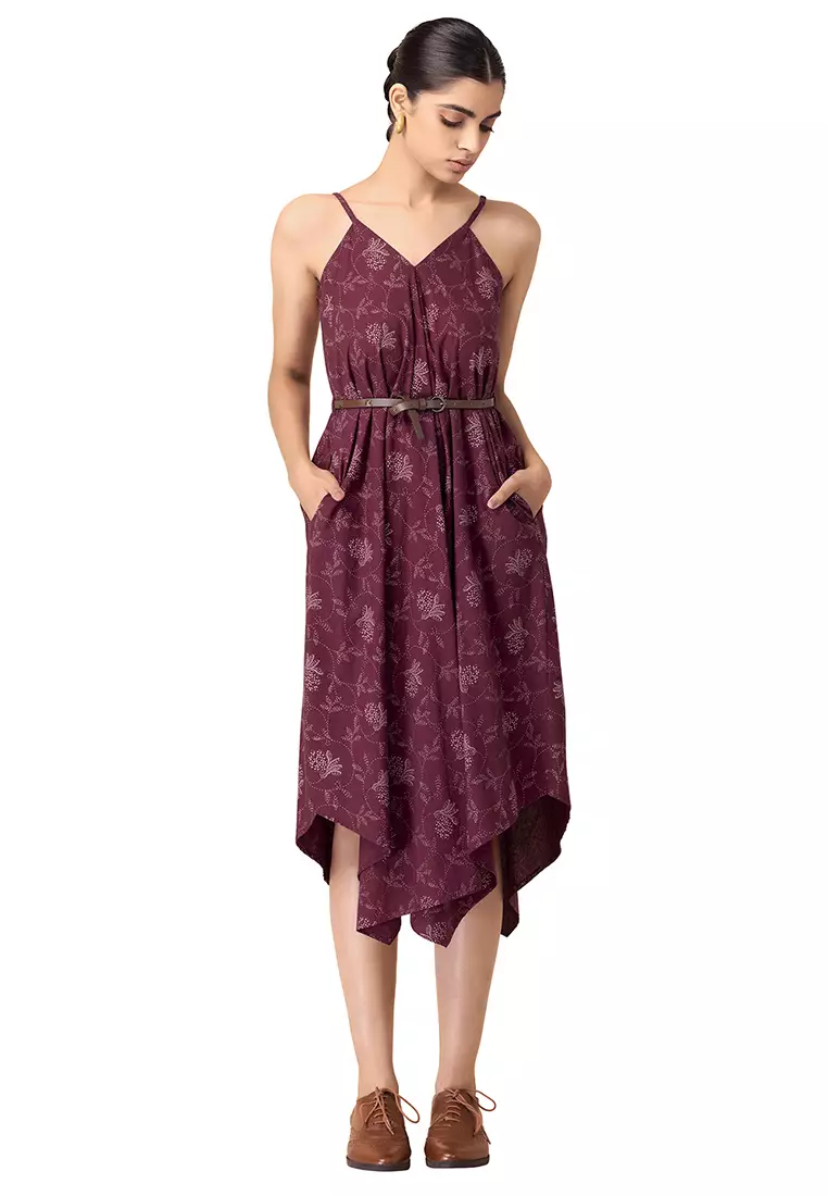 Buy Indya Maroon Floral Belted High Low Dress 2024 Online ZALORA   Indya 3473 9619392 1 