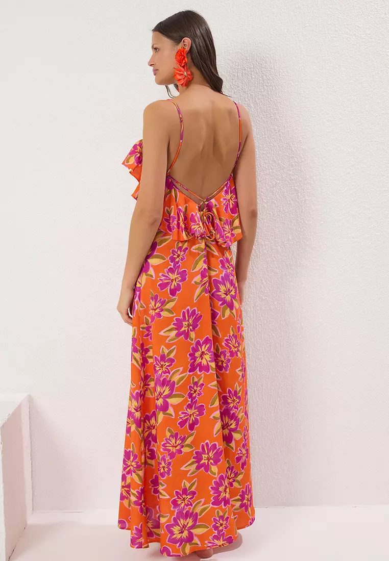 Floral Patterned Maxi Woven Backless Beach Dress TBESS19WY0004