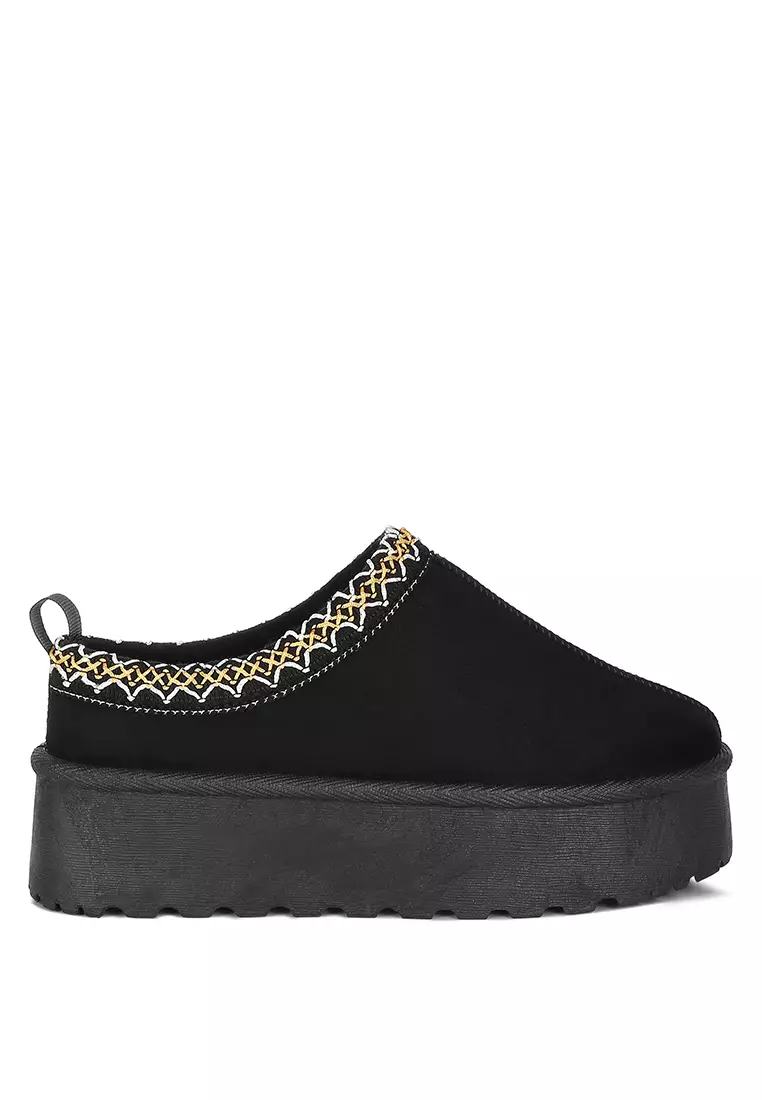 Discount on London Rag  shoes - SKU: Black Embroidered Platform Fur Classic Slip-On