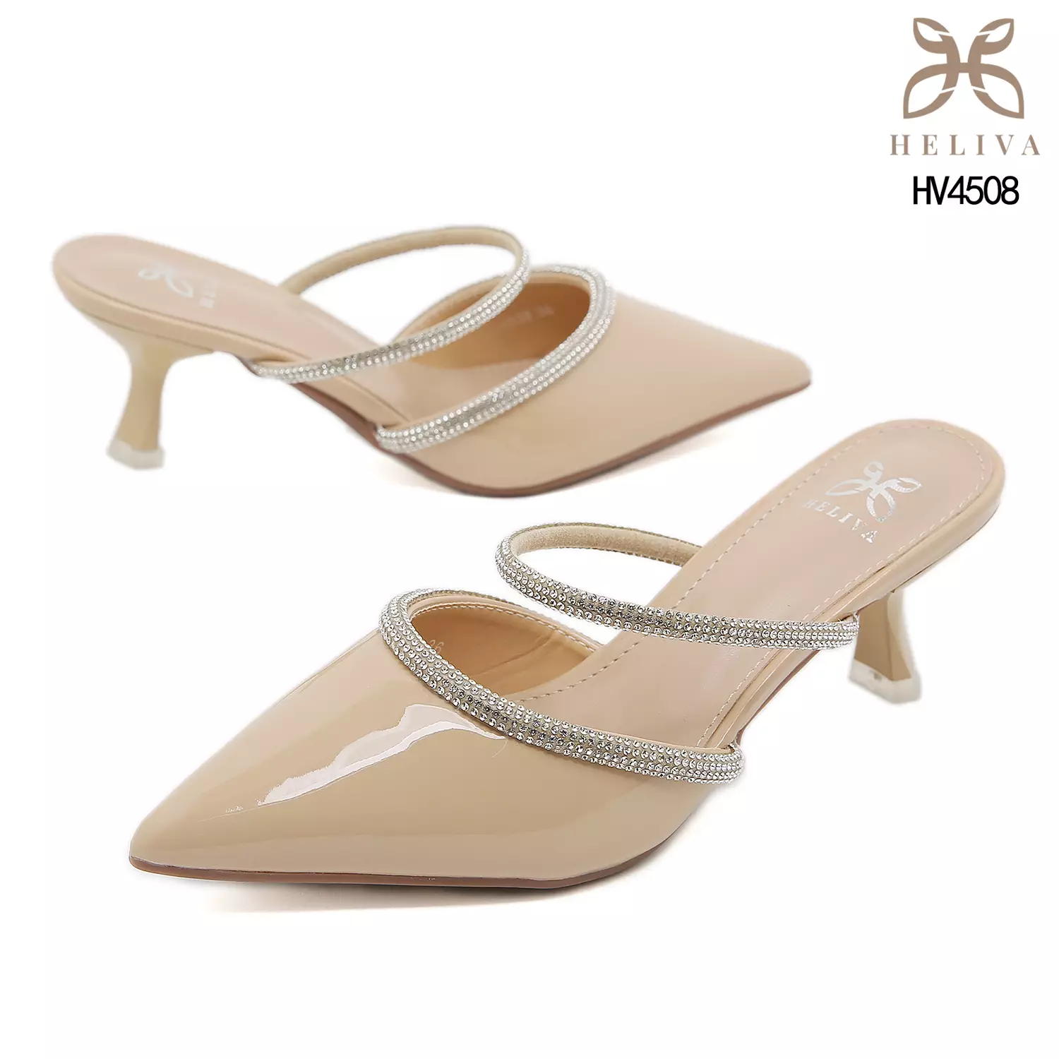 HELIVA VALORIA Twin Rhinestone Strap Mules with Lustrous Finish & 6cm Lift HV4508