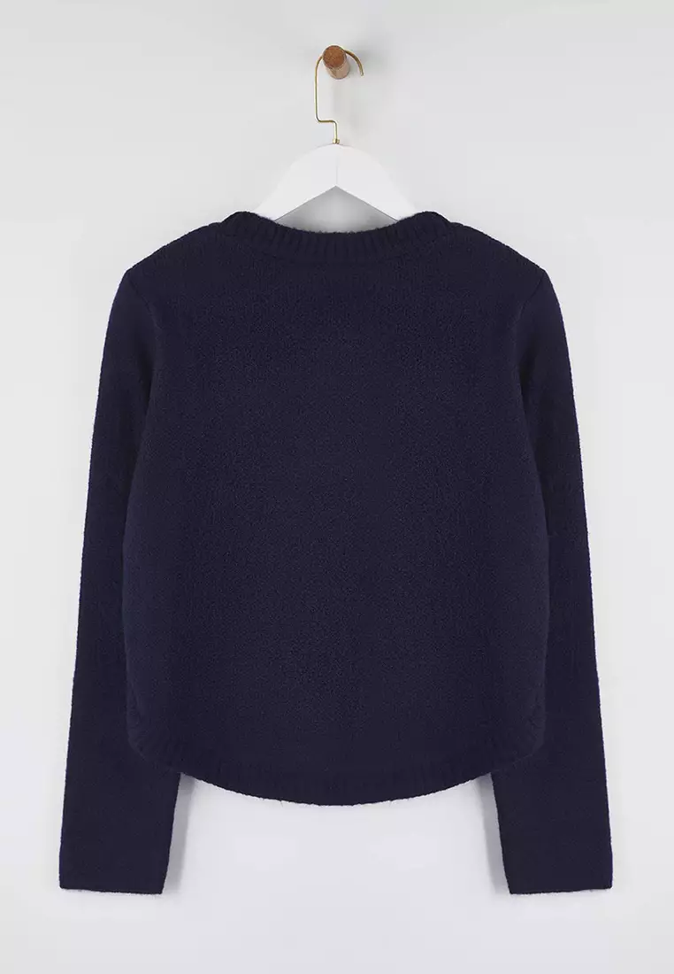 Navy Blue Wide-Cut Soft Textured Button Detailed Knitwear Sweater