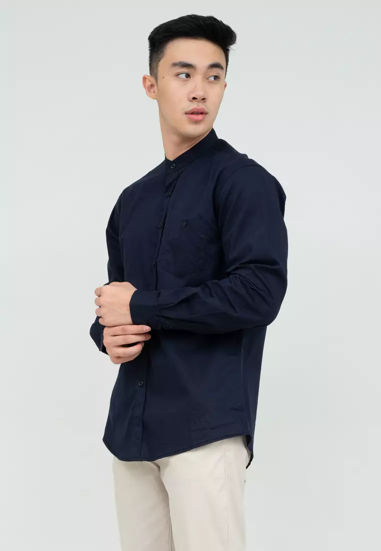 Houseofcuff kemeja Koko Lengan Panjang Pria Navy Gelap Saku Kancing