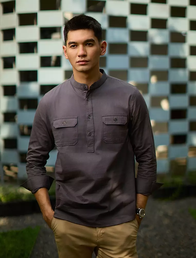 Kemeja koko Collarless shirt OXCON GHAISAN Dark Grey