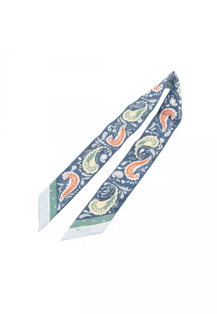 Pre-Loved Hermès twilly GUEPARDS BANDANA ribbon scarf silk dark blue Light blue multicolor studs