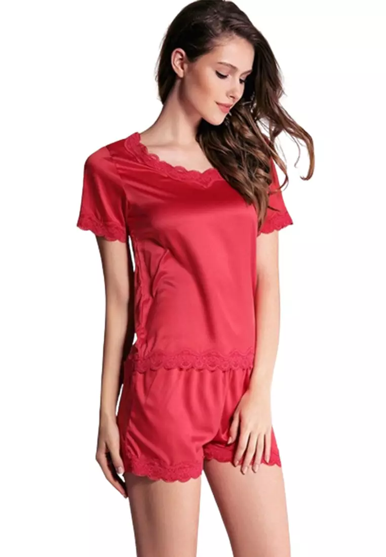 LDB5069女士短袖睡衣短褲兩件套紅色