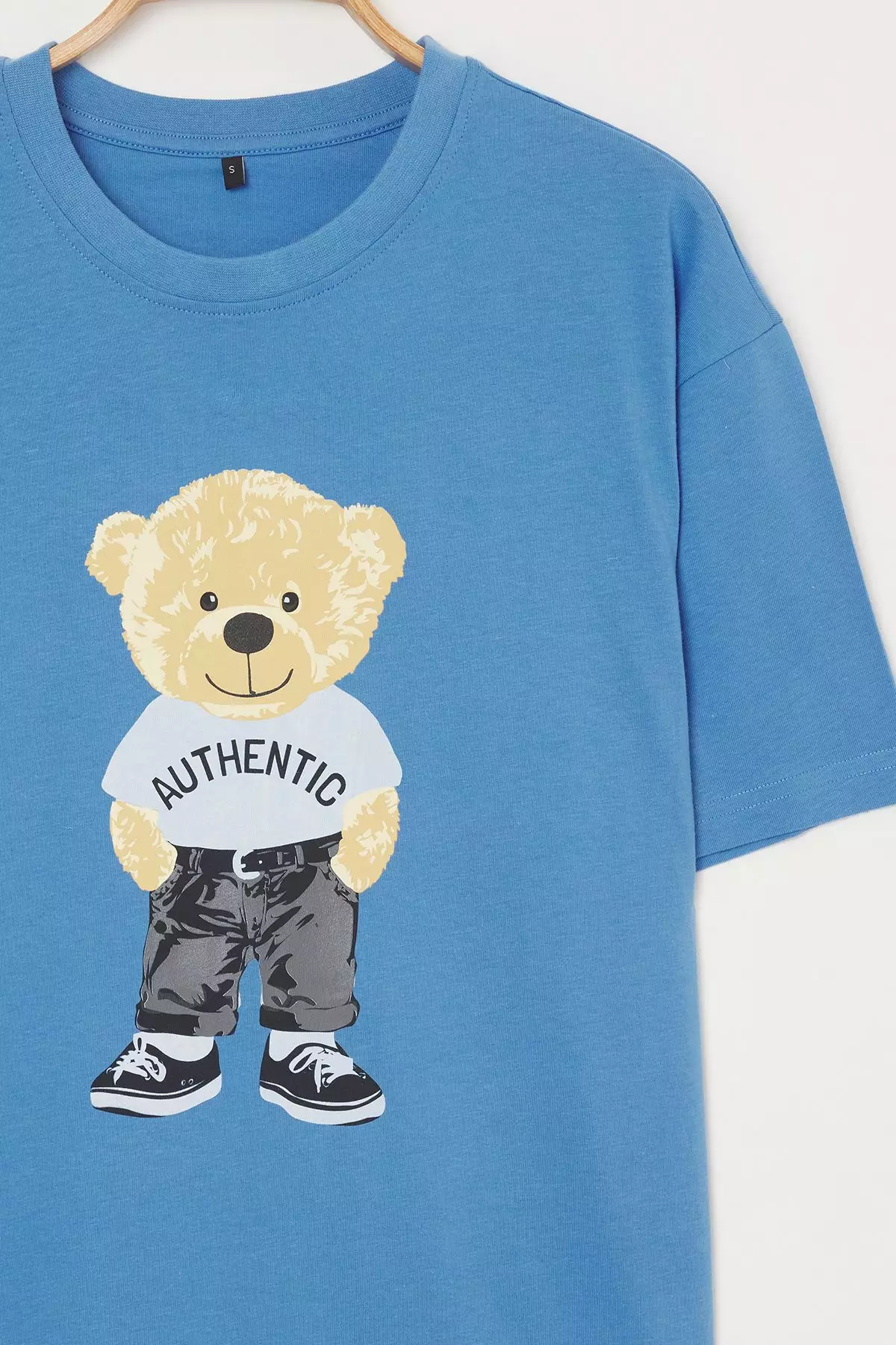 Blue Unisex Oversize/Wide Cut Teddy Bear Printed 100% Cotton T-Shirt TMNSS25TS00158