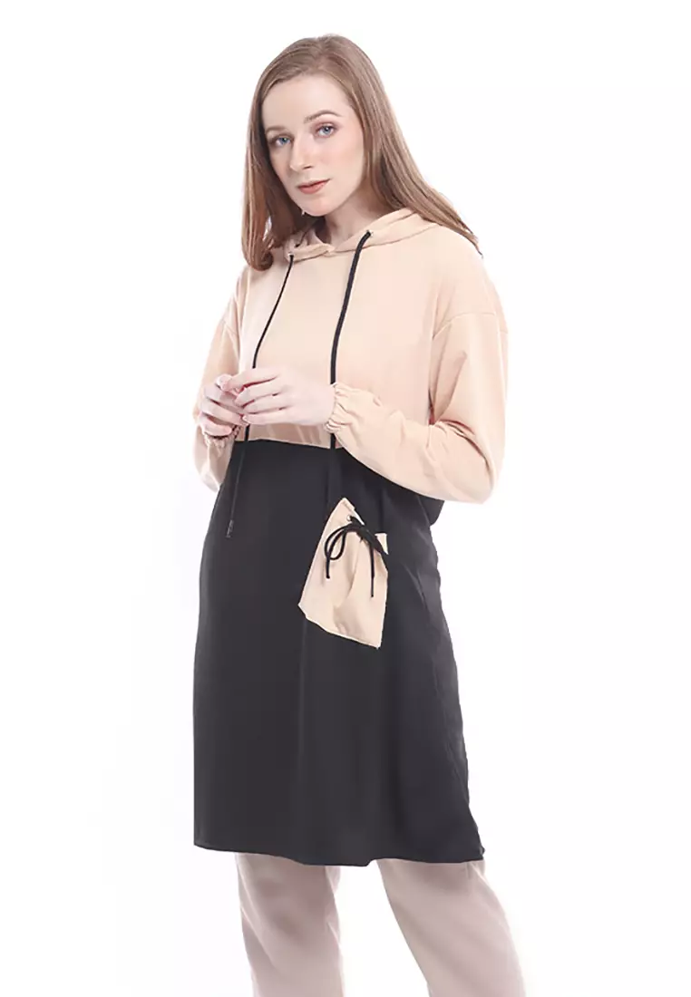 Vika Long Hoodie Dual Tone Color Lengan Panjang Outerwear Wanita Premium Quality - Cream